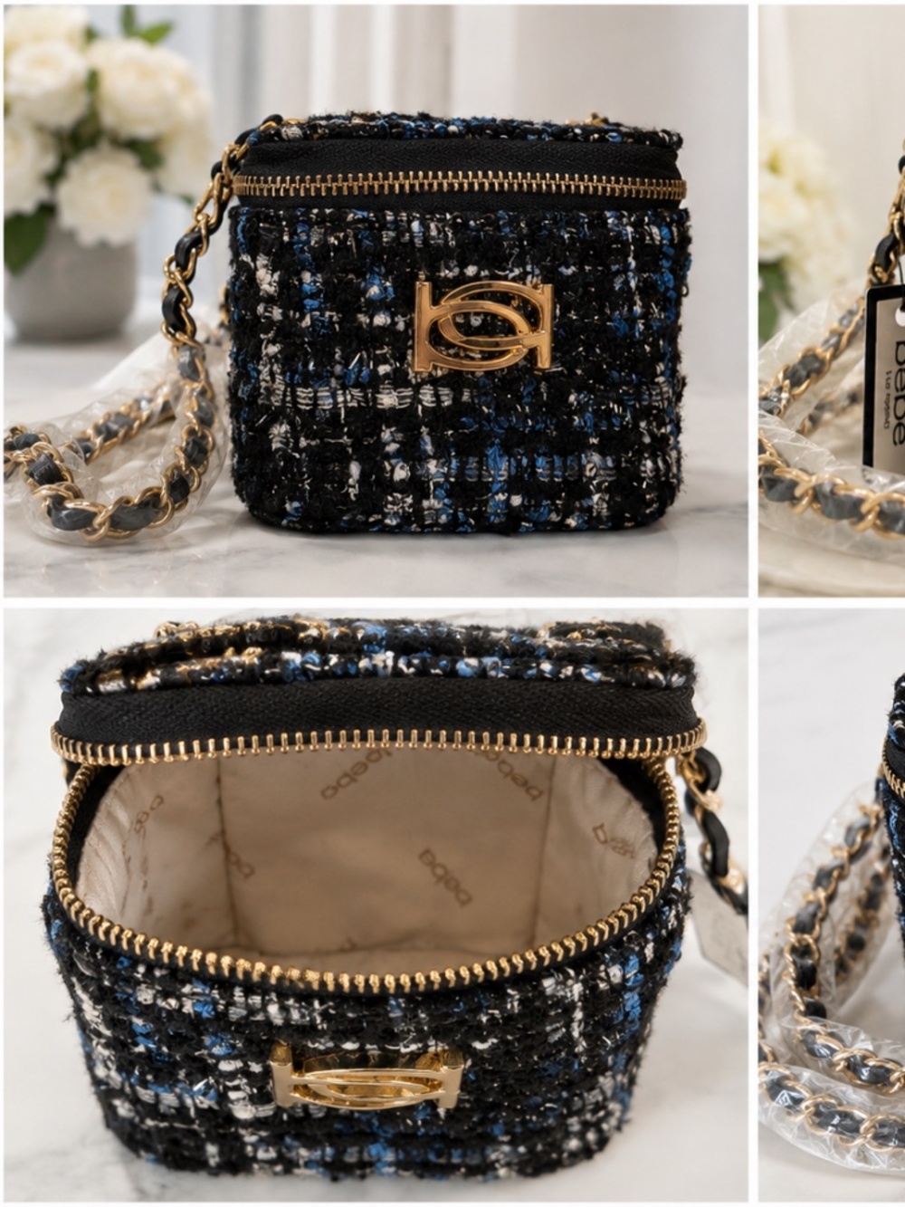 NWT bebe Kamala Mini Tweed Crossbody Bag Black Blue Gold Chain